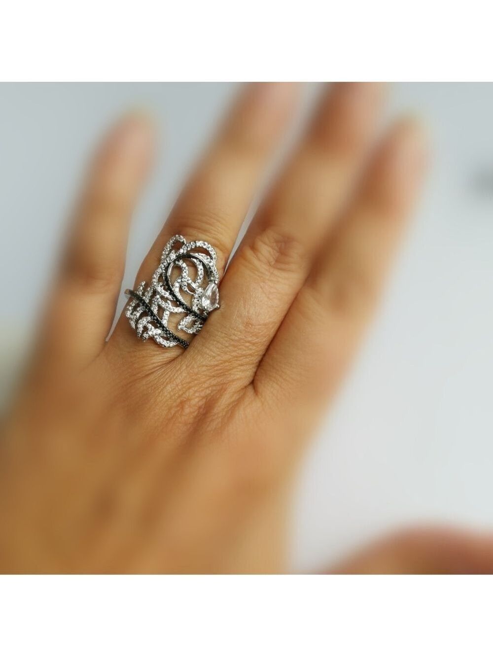 Feather swirl CZ ring 14k white gold overlay Size 8 🆕